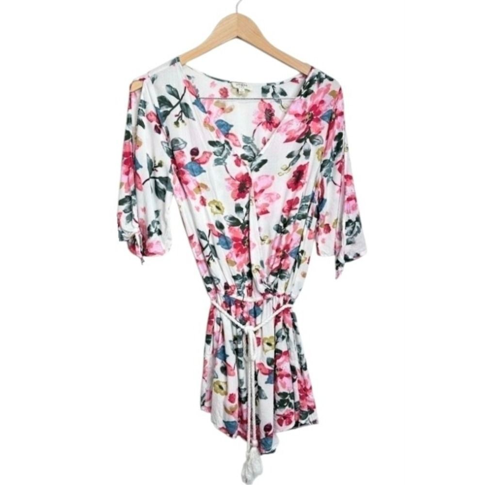 Umgee Floral Print Romper Women's Size S White Pink Blue V-Neck Tie 3/4 Sleeve